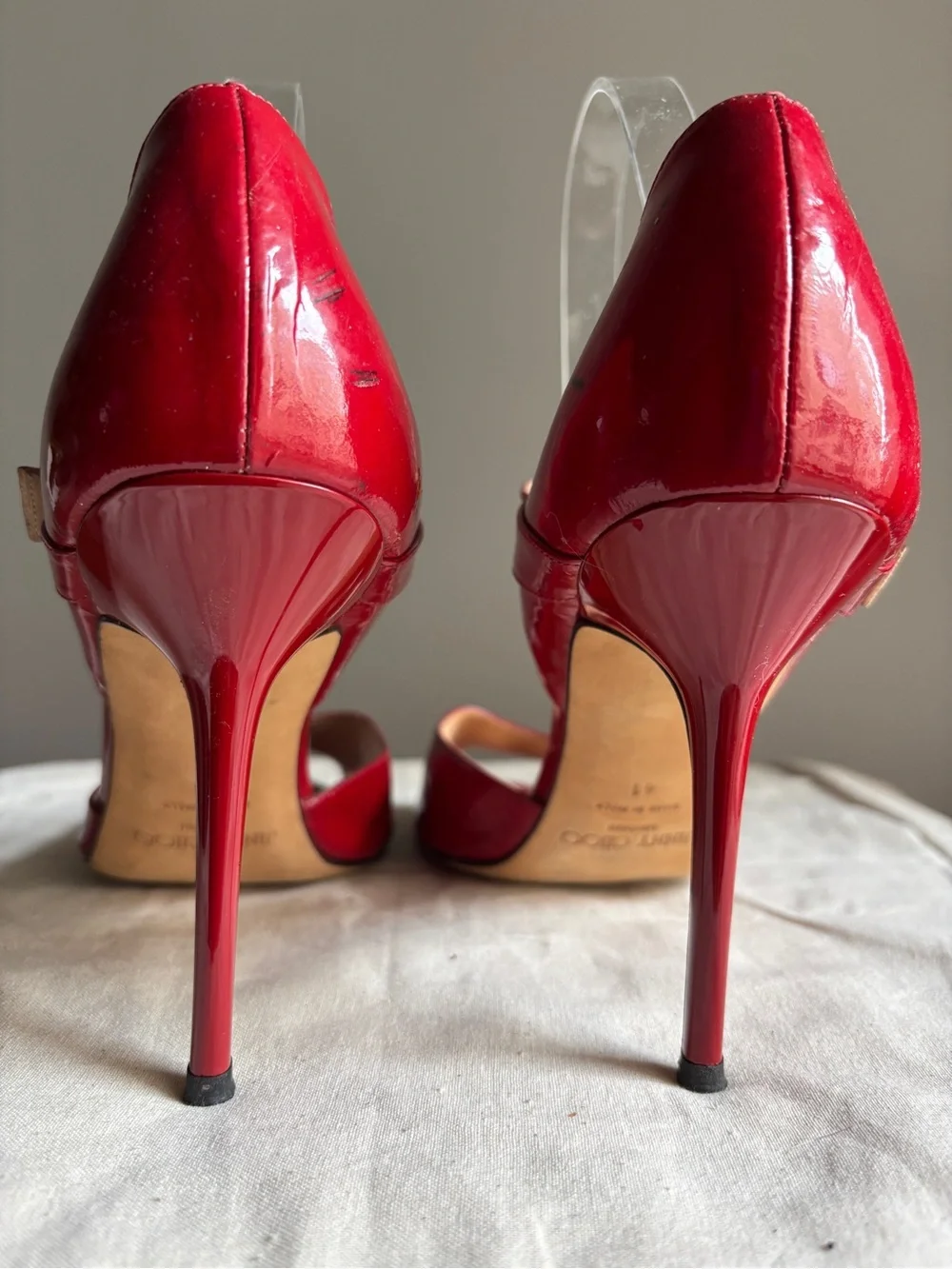 Jimmy Choo Peep Toe Stiletto Heels Red Patent Leather Mary Jane EU 41 US 10
